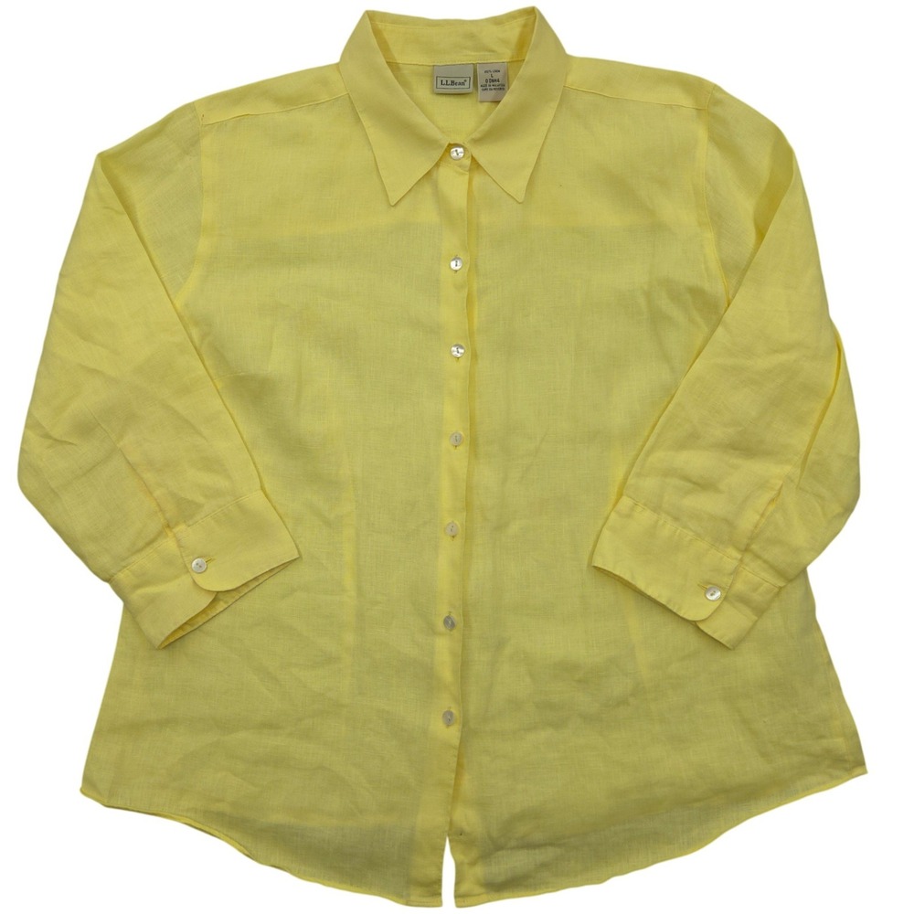 L.L.Bean 100% Linen 3/4 Sleeve Button Up Shirt 0DNH4 Yellow Womens Large